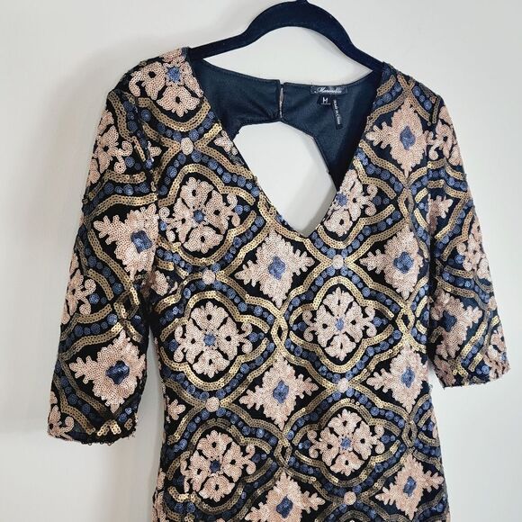 MARINEBLU Gold Blue Sequin V-neck Keyhole Back Dress Size M - Picture 7 of 11